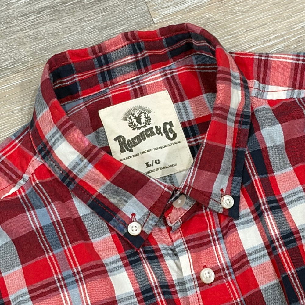 Roebuck & Co Mens Red Plaid Long Sleeve Button Down Cotton Shirt‎ Large L
